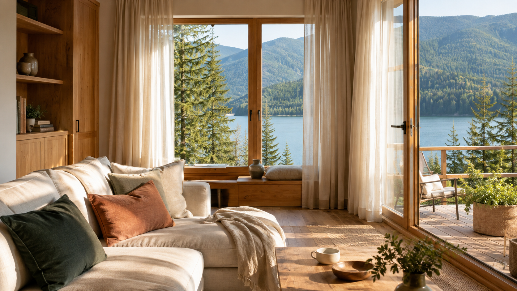 Illustrative lakeside apartment with a warm oak interior